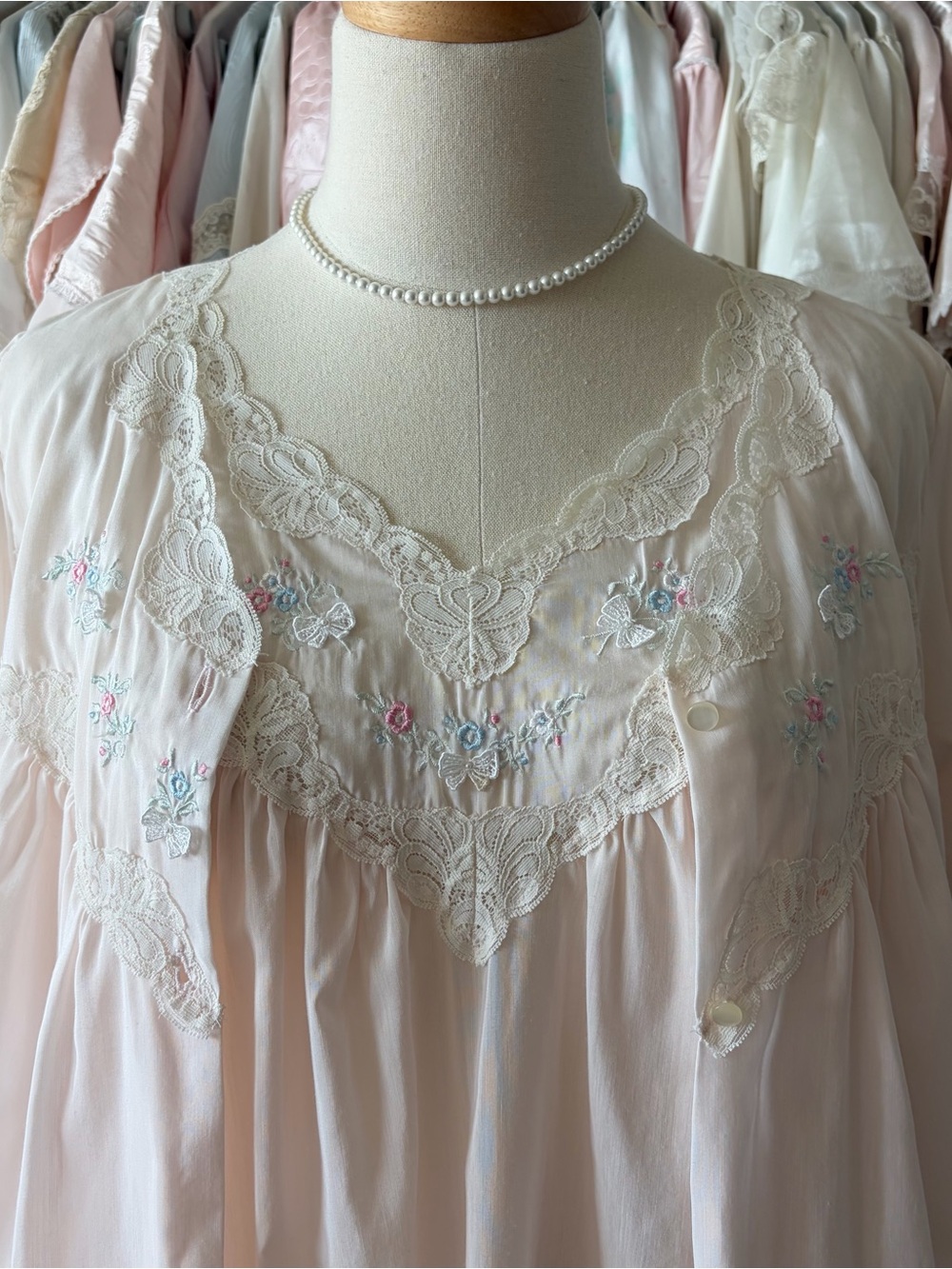 vintage Barbizon nightgown and robe set soft baby pink lace embroidery